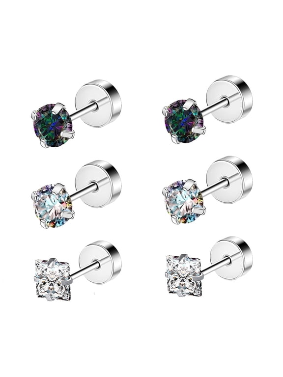 20G 3 Pairs Round Crystal Flat Back Stud Earring Claw Rainbow Zircon Cartilage Conch Helix Piercing Square Zirconia Ear Piercing Jewelry