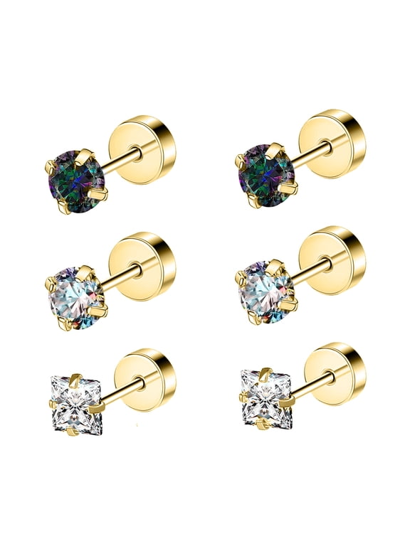 20G 3 Pairs Round Crystal Stud Earring Claw Rainbow Zircon Cartilage Conch Helix Piercing Square Zirconia Ear Piercing Jewelry