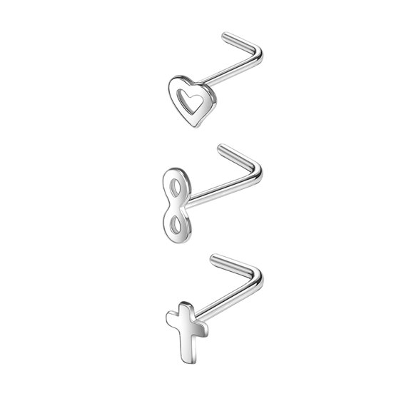 ZS 20G 3Pcs CZ Nose Studs L Shape Nose Rings Heart Infinity Cross Nose Piercing Stainless Steel Nostril Piercing