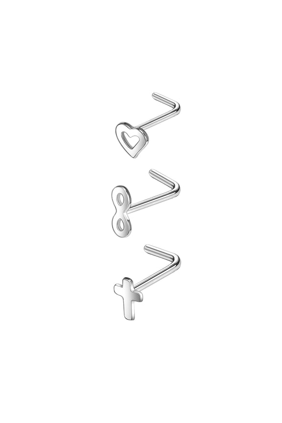 20G 3Pcs CZ Nose Studs L Shape Nose Rings Heart Infinity Cross Nose Piercing Stainless Steel Nostril Piercing