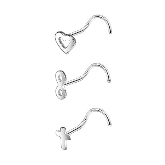 ZS 20G 3Pcs CZ Nose Studs Piercing Corkscrew Nose Rings Heart Infinity Cross Nostril Piercing