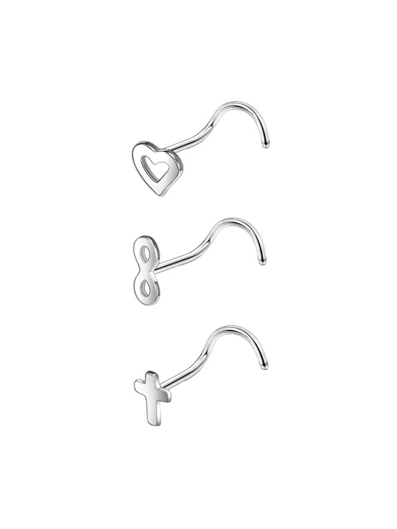 20G 3Pcs CZ Nose Studs Piercing Corkscrew Nose Rings Heart Infinity Cross Nostril Piercing