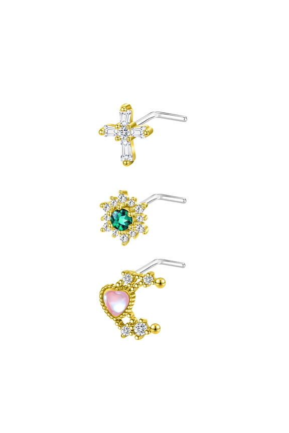 20G 3Pcs CZ Zirconia Nose Studs L Shape Cross Sunlower Heart Nose Rings Gold Plated Nose Piercing