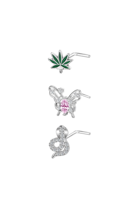 20G 3Pcs Zirconia Nose Stud L Shape Nose Rings Maple Leaf Butterfly Snake Nose Piercing for Women