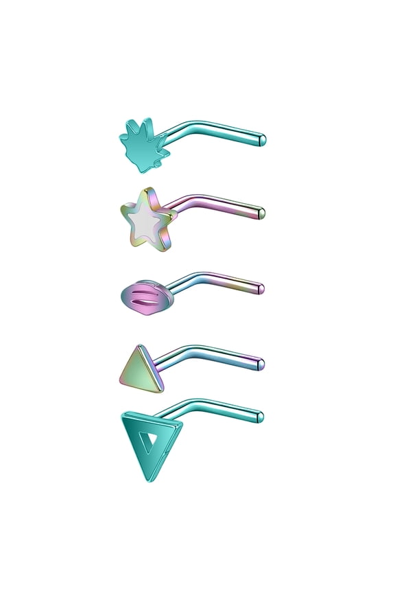 20G 5Pcs CZ Nose Studs L Shape Nose Rings Leaf Star Triangle Nose Piercing Stainless Steel Nostril Piercing