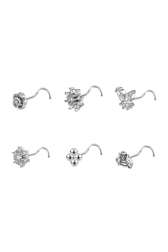 20G 6Pcs Zirconia Nose Studs Corkscrew Nose Rings Butterfly Bee Stainless Steel Nostril Piercing