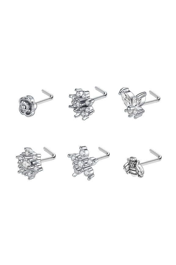 20G 5Pcs Zirconia Nose Studs L Shape Nose Rings Bee Snow Stainless Steel Nose Piercing for Women