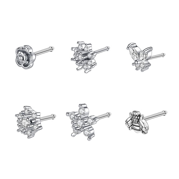 ZS 20G 5Pcs Zirconia Nose Studs Nose Bone Shape Nose Rings Flower Snow Stainless Steel Nose Piercing