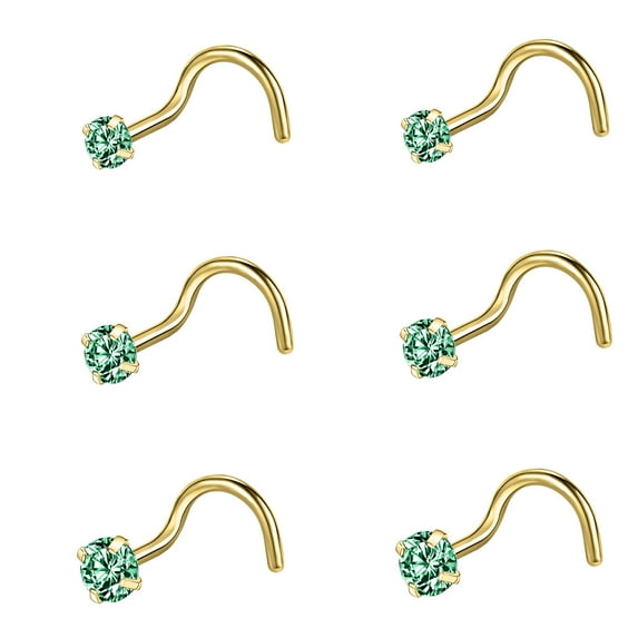 ZS 20G 6Pcs CZ Nose Studs Corkscrew Rings Zirconia Nose Piercing Gold Plated Nostril Piercing