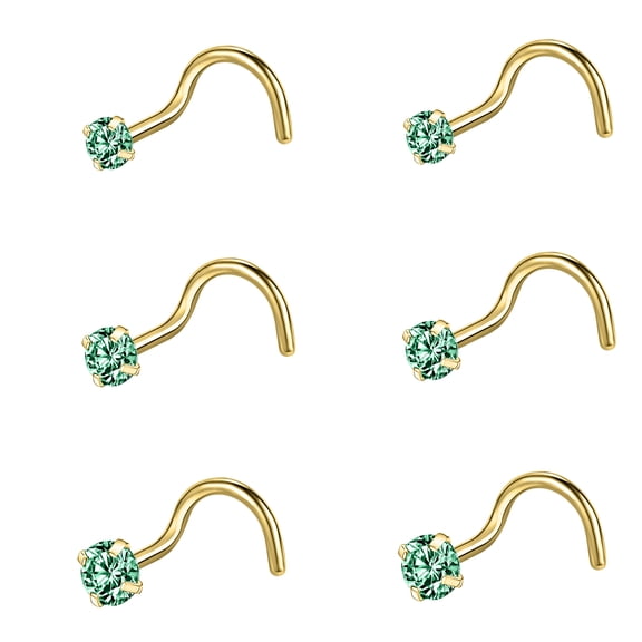 ZS 20G 6Pcs CZ Nose Studs Corkscrew Rings Zirconia Nose Piercing Gold Plated Nostril Piercing