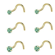 ZS 20G 6Pcs CZ Nose Studs Corkscrew Rings Zirconia Nose Piercing Gold Plated Nostril Piercing