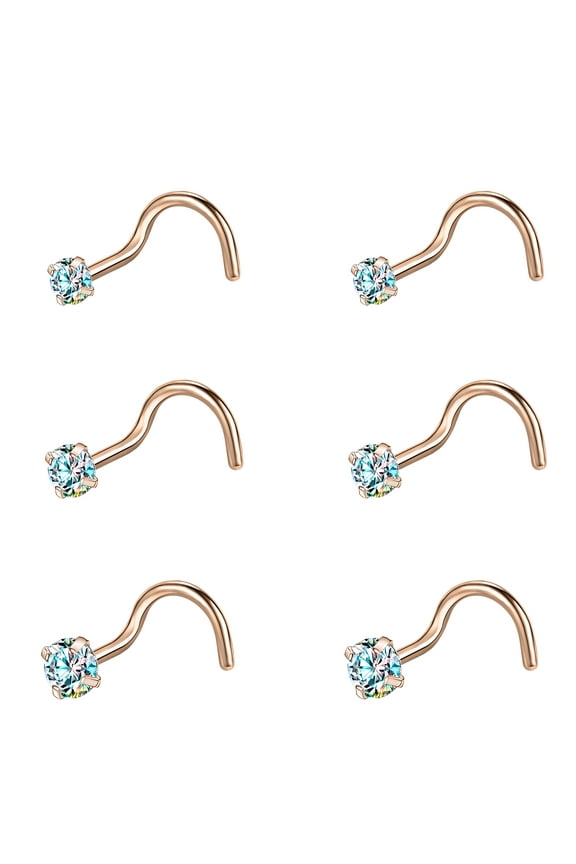 20G 6Pcs CZ Nose Studs Corkscrew Rings Zirconia Nose Piercing Rose Gold Plated Nostril Piercing