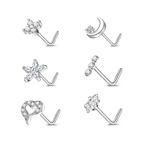 ZS 20G 6Pcs CZ Zircon Nose Studs Piercing L Shape Nose Rings Flower Moon Heart Diamond Nose Piercing