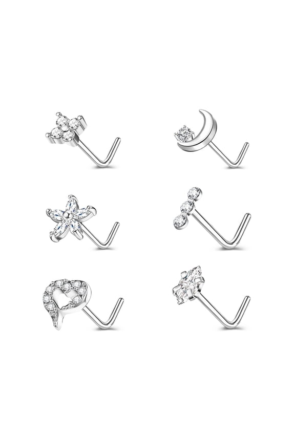 20G 6Pcs CZ Zircon Nose Studs Piercing L Shape Nose Rings Flower Moon Heart Diamond Nose Piercing