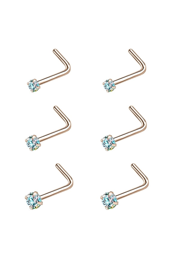 20G 6Pcs CZ Zirconia Nose Studs L Shape Nose Rings Rose Gold Plated Nostril Piercing for Women