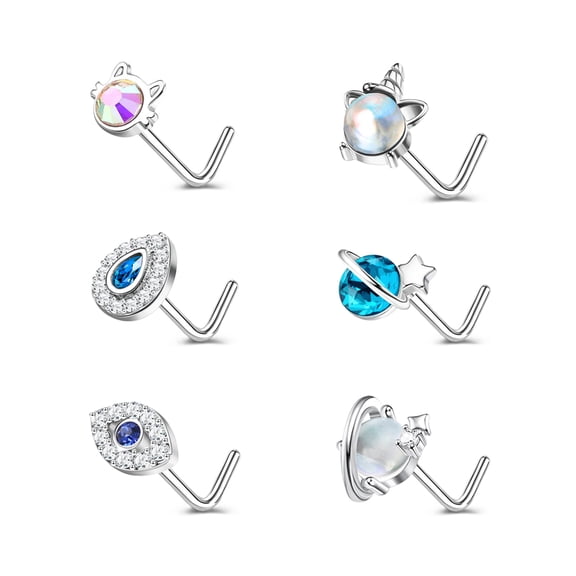ZS 20G 6Pcs Zirconia Nose Studs L Shape Nose Rings Unicorn Cat Moonstone Evil Eyes Nose Piercing
