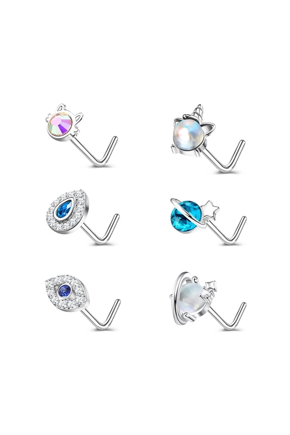 20G 6Pcs Zirconia Nose Studs L Shape Nose Rings Unicorn Cat Moonstone Evil Eyes Nose Piercing