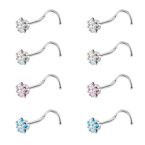 ZS 20G 8Pcs CZ Nose Studs Corkscrew Nose Rings Star Zirconia Nose Piercing Stainless Steel Nostril Piercing