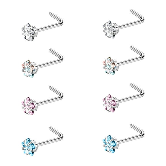 ZS 20G 8Pcs CZ Nose Studs L Shape Nose Rings Star Zirconia Nose Piercing Stainless Steel Nostril Piercing