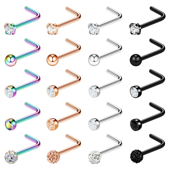 ZS 20Pcs/Set 20g Cubic Zircon Nose Ring Piercing Ball Mix Color Nostril Piercing Nose Bone/L Shaped/Nose Screws Nose Stud Piercing