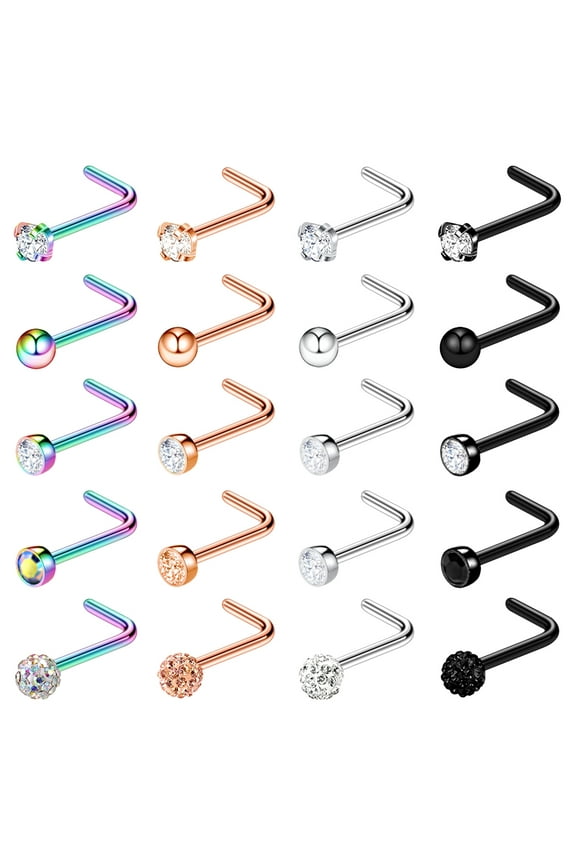 20Pcs/Set 20g Cubic Zircon Nose Ring Piercing Ball Mix Color Nostril Piercing Nose Bone/L Shaped/Nose Screws Nose Stud Piercing