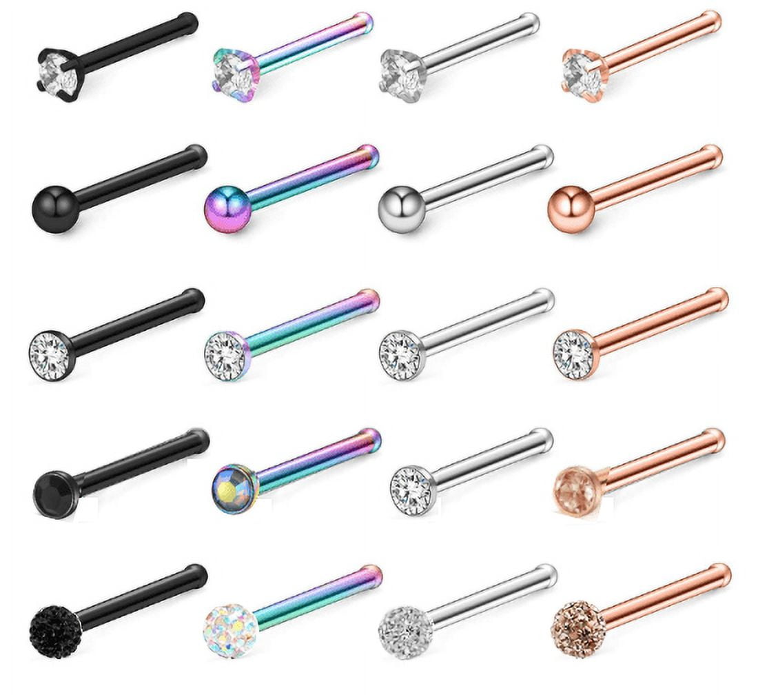 ZS 20Pcs/Set 20g Cubic Zircon Nose Ring Piercing Ball Mix Color Nostril