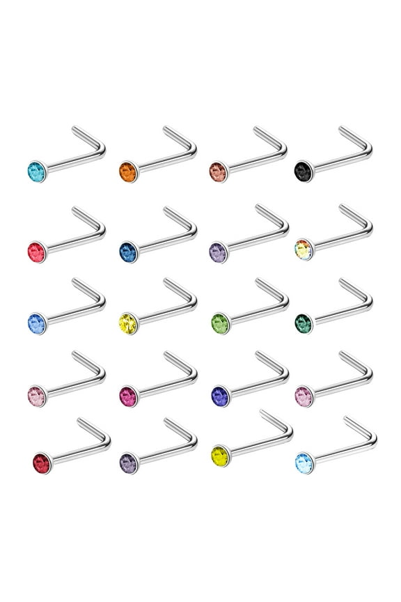 20Pcs/Set 20g Mulitcolor Cubic Zircon Nose Ring Piercing Round Crystal Nostril Piercing Nose Bone/L Shaped/Nose Screws Nose Stud Piercing
