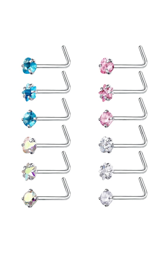 20g 12Pcs/Set Star Heart Round CZ Nose Ring Piercing L Shaped Nose Stud Piercing