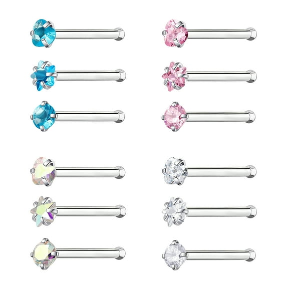 ZS 20g 12Pcs/Set Star Heart Round CZ Nose Ring Piercing Nose Bone Stud Piercing