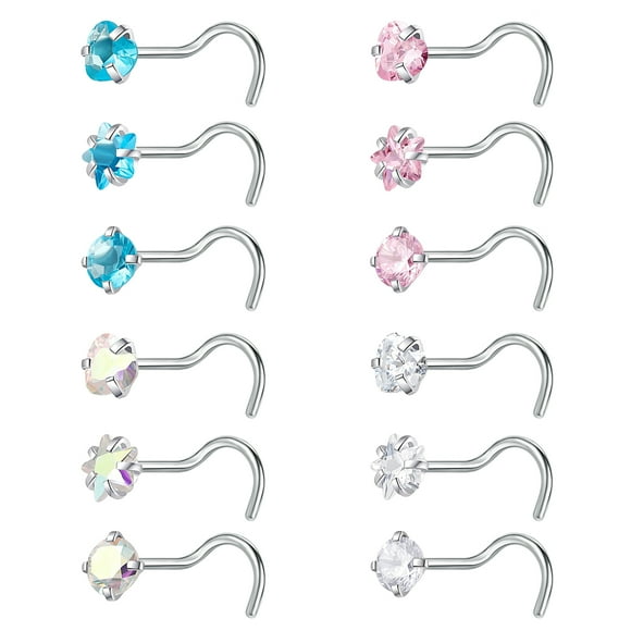 20g 12Pcs/Set Star Heart Round CZ Nose Ring Piercing Nose Corkscrew Stud Piercing