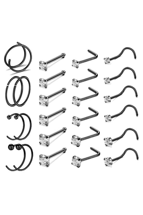 25PCS 20G Nose Hoop Rings CZ Crystal Corkscrew Nose Stud Rings Set Stainless Steel Nostril Piercing Nose Bone/L Shaped/Nose Corkscrew