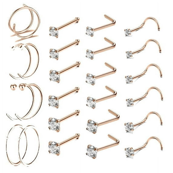 ZS 25PCS 20G Nose Hoop Rings CZ Crystal Corkscrew Nose Stud Rings Set Stainless Steel Nostril Piercing Nose Bone/L Shaped/Nose Corkscrew