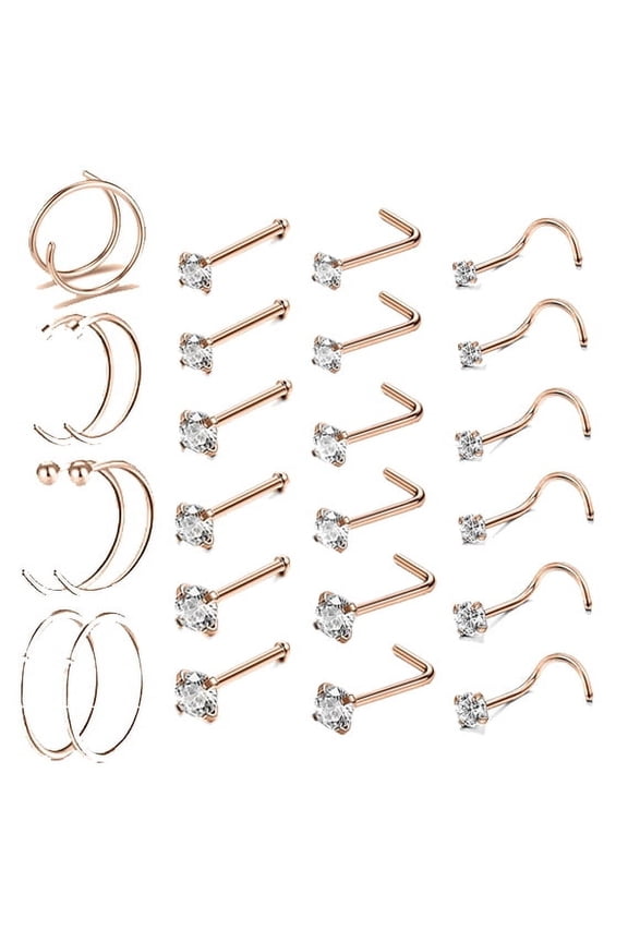 25PCS 20G Nose Hoop Rings CZ Crystal Corkscrew Nose Stud Rings Set Stainless Steel Nostril Piercing Nose Bone/L Shaped/Nose Corkscrew