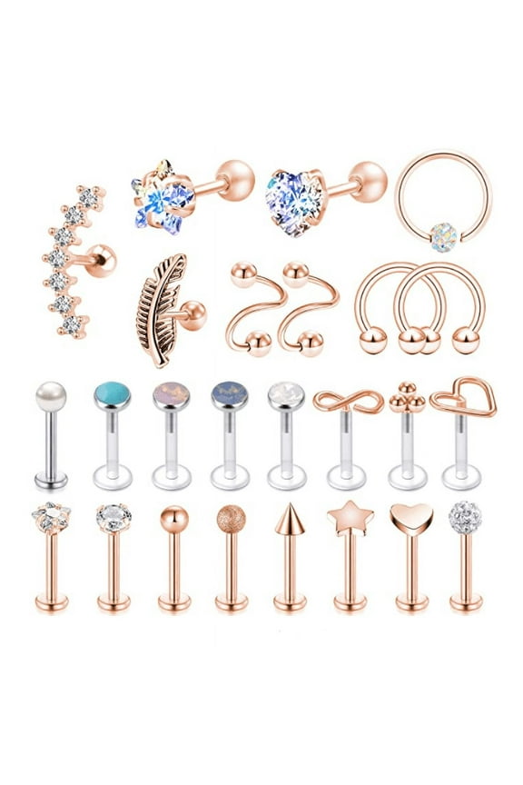 25Pcs/set 16G Lip Stud Heart Star Monroe Medusa Lip Piercing Opal Pearl Conch Helix Cartilage Earring Piercing