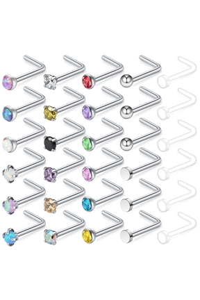 30Pcs/Set 20g Opal Ball Nose Ring Piercing Round Crystal Nostril Piercing Nose Bone/L Shaped/Nose Screws Nose Stud Piercing