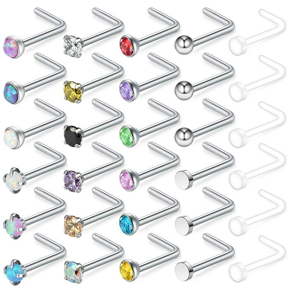 ZS 30Pcs/Set 20g Opal Ball Nose Ring Piercing Round Crystal Nostril Piercing Nose Bone/L Shaped/Nose Screws Nose Stud Piercing