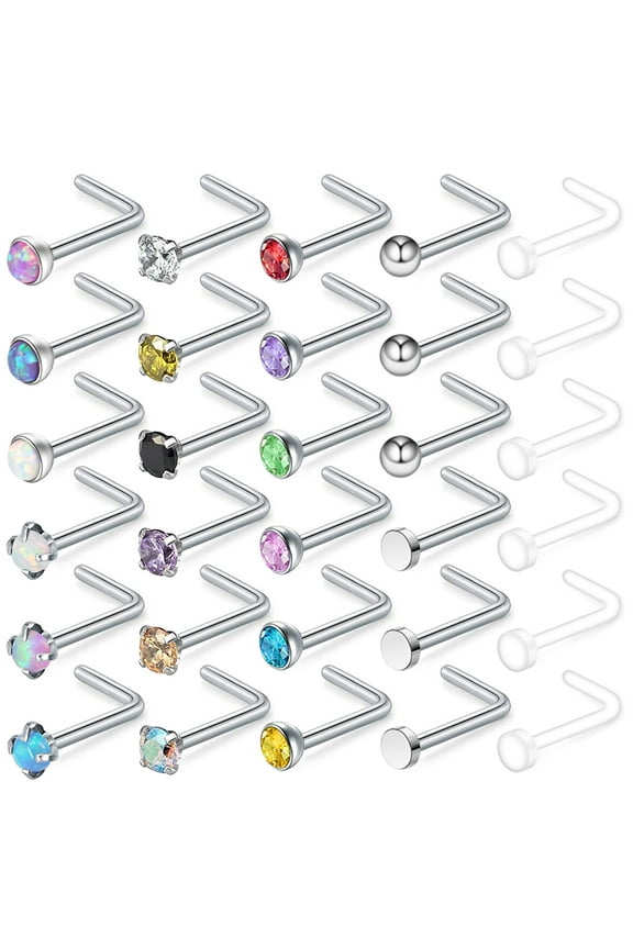 30Pcs/Set 20g Opal Ball Nose Ring Piercing Round Crystal Nostril Piercing Nose Bone/L Shaped/Nose Screws Nose Stud Piercing