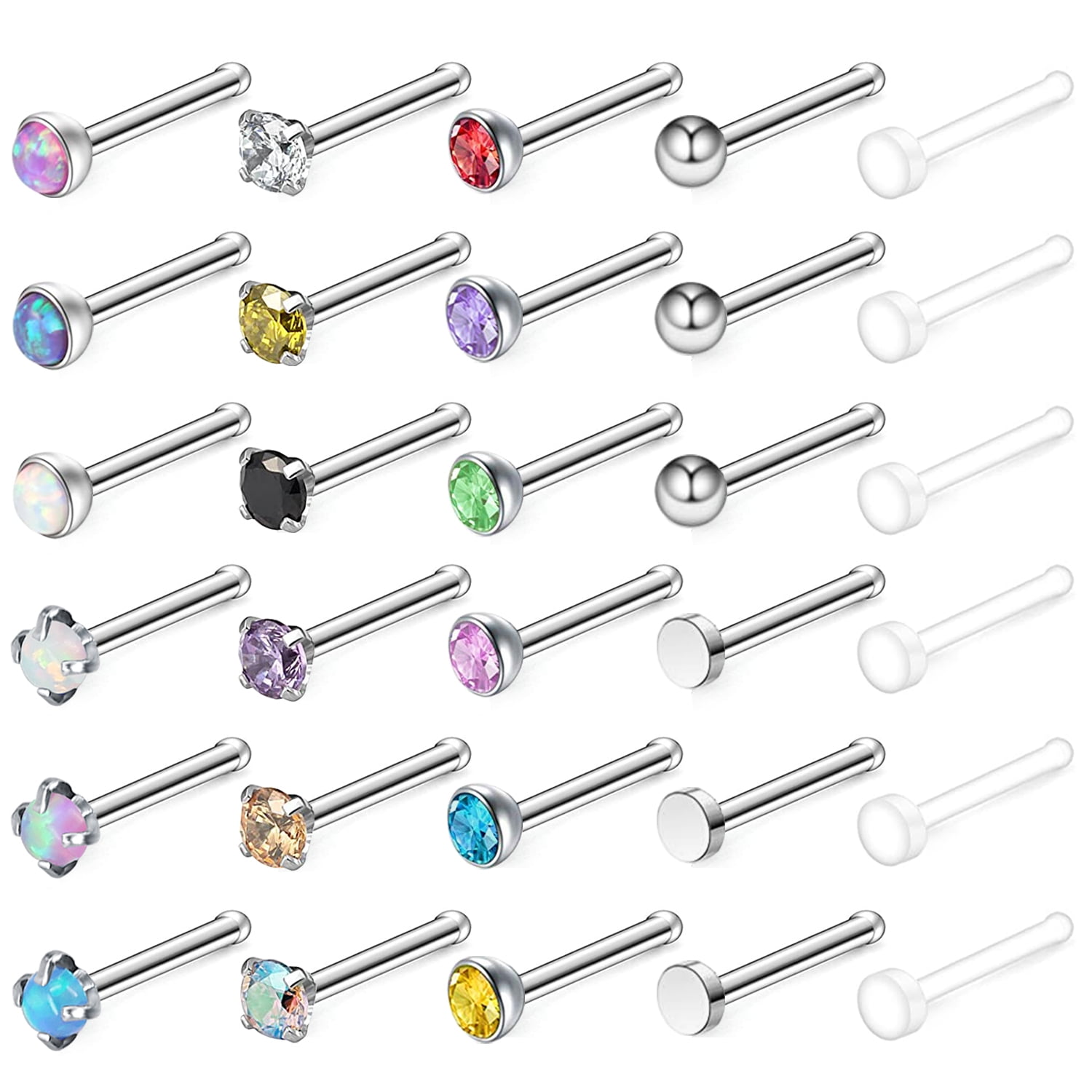 ZS 30Pcs/Set 20g Opal Ball Nose Ring Piercing Round Crystal Nostril Piercing Nose Bone/L Shaped