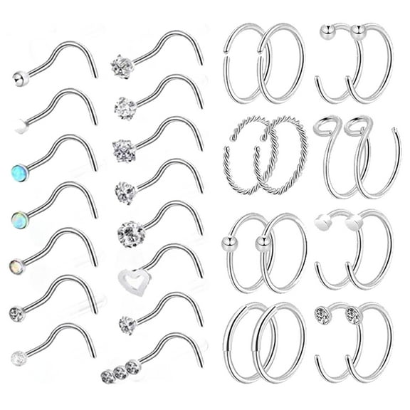 ZS 31Pcs/Set 20g Star Heart Nostril Piercing Round Crystal Nose Ring Piercing Nose Bone/L Shaped/Nose Screws Nose Stud Piercing
