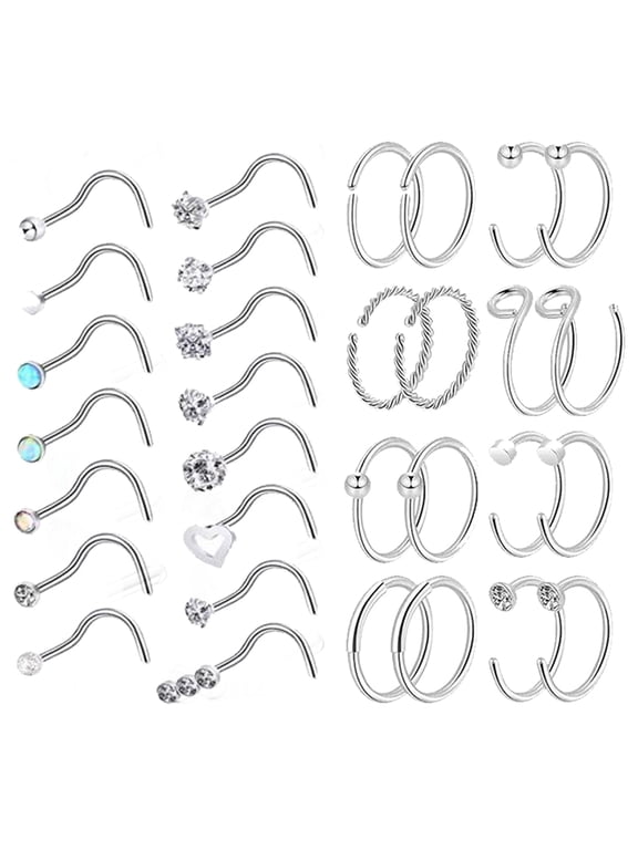 31Pcs/Set 20g Star Heart Nostril Piercing Round Crystal Nose Ring Piercing Nose Bone/L Shaped/Nose Screws Nose Stud Piercing