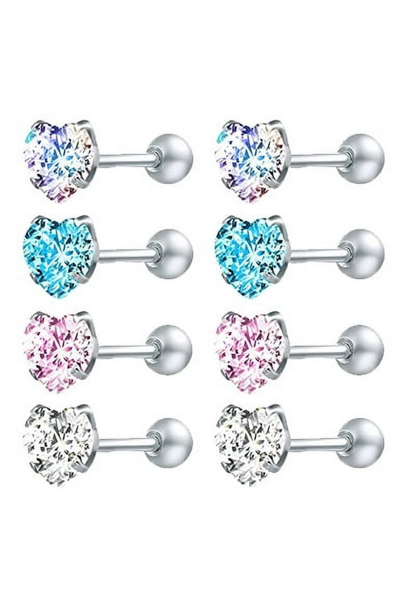 4 Pairs Heart Crystal Stud Earrings 316L Stainless Steel Ear Helix Conch Cartilage Piercing