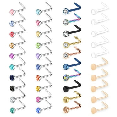 ZS 40Pcs/Set 20g Mix Color Cubic Zircon Nose Ring Piercing Round Crystal Nostril Piercing Nose Bone/L Shaped/Nose Screws Nose Stud Piercing