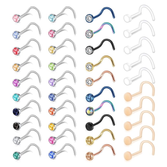 ZS 40Pcs/Set 20g Mix Color Cubic Zircon Nose Ring Piercing Round Crystal Nostril Piercing Nose Bone/L Shaped/Nose Screws Nose Stud Piercing