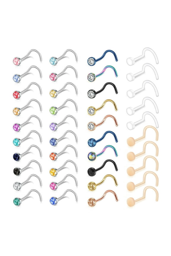40Pcs/Set 20g Mix Color Cubic Zircon Nose Ring Piercing Round Crystal Nostril Piercing Nose Bone/L Shaped/Nose Screws Nose Stud Piercing