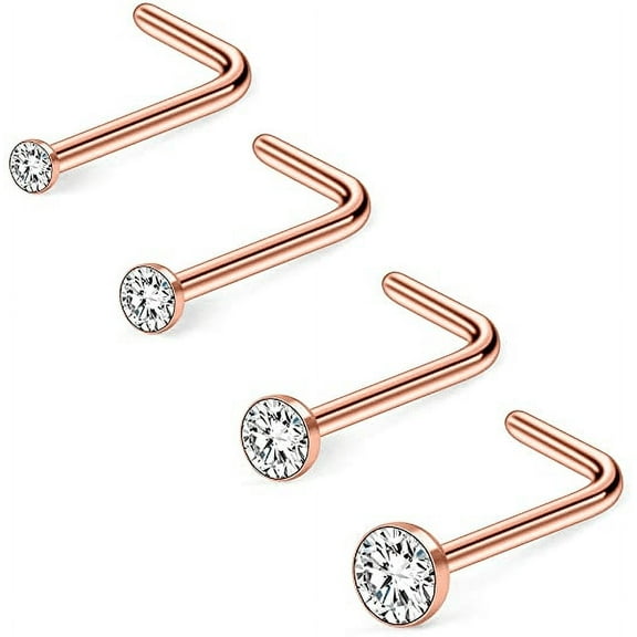 ZS 4Pcs/Set 20g Round Crystal Nose Ring Piercing Simple Style Nostril Piercing L Shaped Nose Stud Piercing