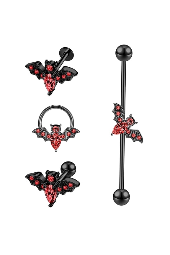 4Pcs/Set Bat Septum Piercing Jewelry Red Crystal Stud Earring Cartilage Piercing Black Industrial Barbell Jewelry
