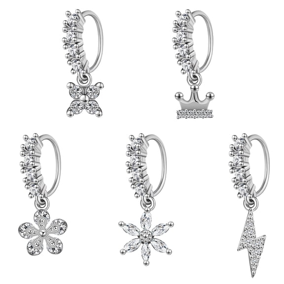 ZS 5-6Pcs 20G Stainless Steel Nose Rings Set,Hinged Clicker Cubic Zirconia Dangle Earrings,Nostril Piercing Body Jewelry