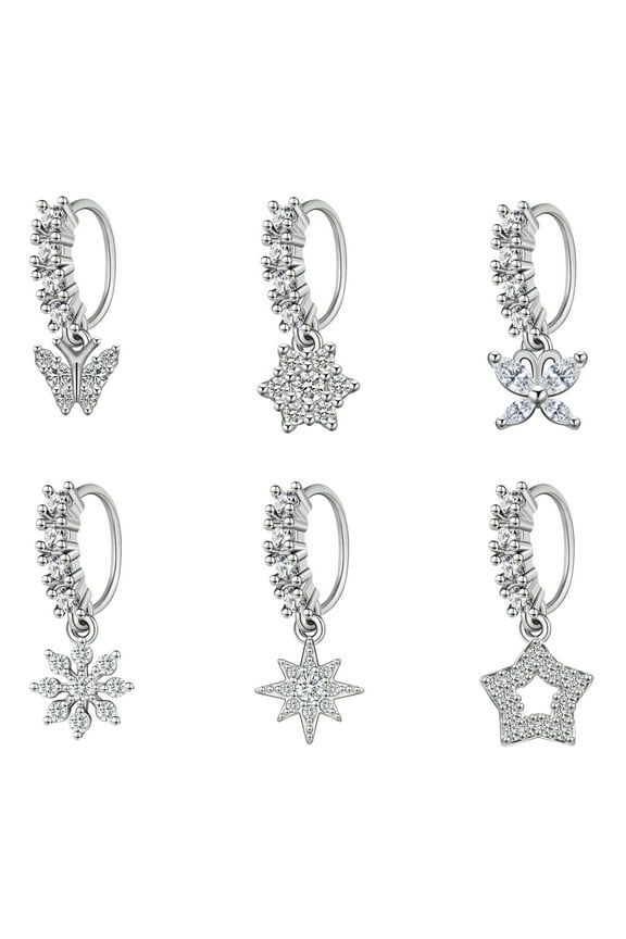 5-6Pcs 20G Stainless Steel Nose Rings Set,Hinged Clicker Cubic Zirconia Dangle Earrings,Nostril Piercing Body Jewelry