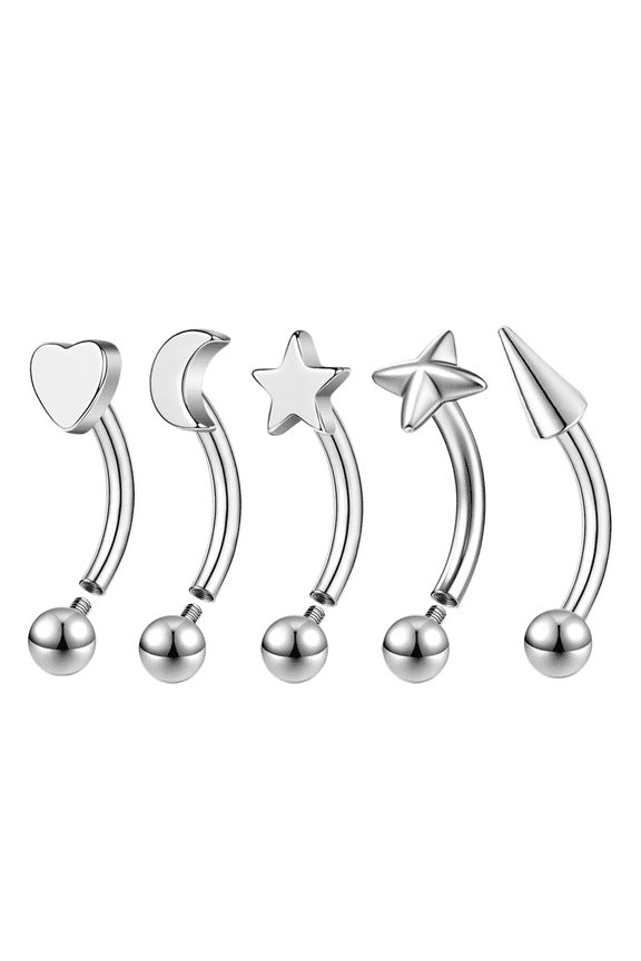 5 Pcs/Set 14G Stainless Steel Threaded Eyebrow Studs Curved Ball Earrings Starburst Star Moon Heart-Shaped Piercings