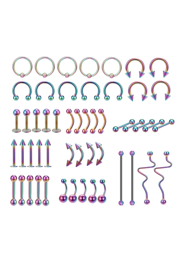 50Pcs/set Rainbow Belly Button Nose Septum Tongue Lip Monroe Eyebrow Piercing Industrial Barbell Earring Body Piercing Pack
